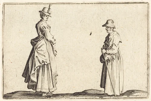 Two Women in Profile by Jacques Callot, print, 1622