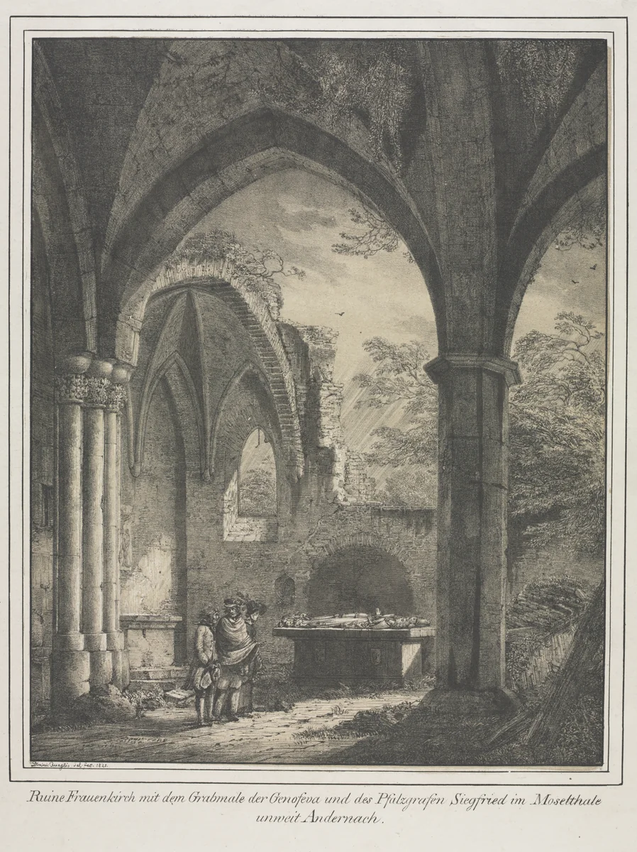 Notable Buildings of the Middle Ages in Germany: Ruins of the Church of the Virgin with the Tomb of Genevieve and Siegfried, Count Palatine of the Rhine, in the Moselle Valley near Andernack by Domenico Quaglio, print, 1821