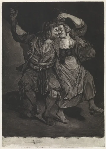 Dansend paar, 1695 by Cornelis Dusart, print, 1695