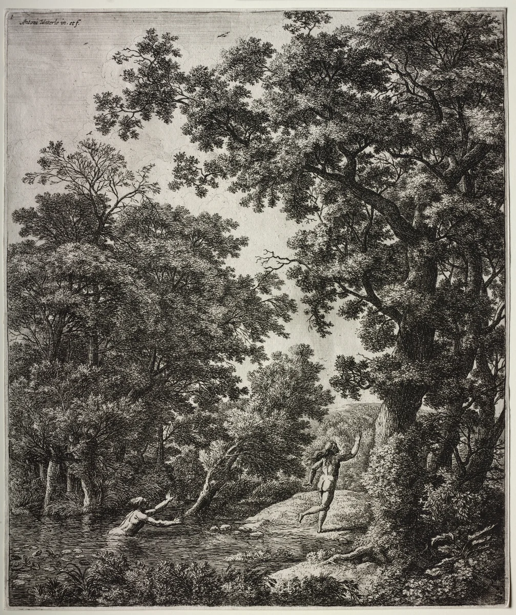 Six large upright landscapes with scenes from Ovid's Metamorphoses by Anthonie Waterloo, print, 1640-1690