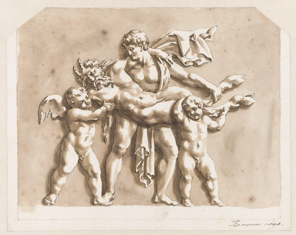 Sater, gedragen door twee putti en een jongeman by Jan de Bisschop, drawing, 1648-1671