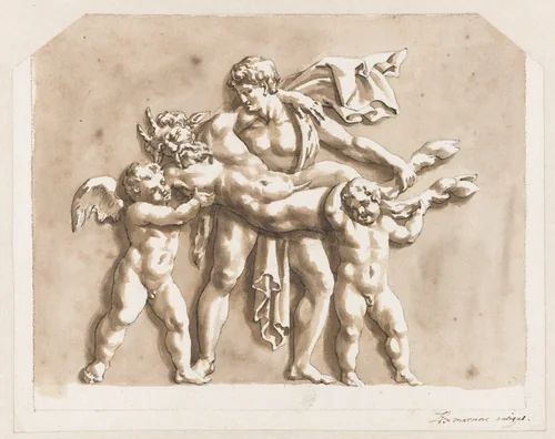 Sater, gedragen door twee putti en een jongeman by Jan de Bisschop, drawing, 1648-1671