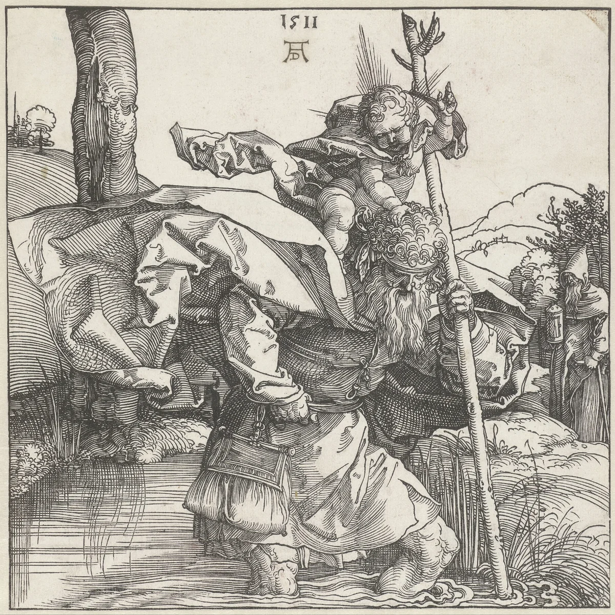 De Heilige Christoffel draagt het Christuskind by Albrecht Dürer, print, 1511