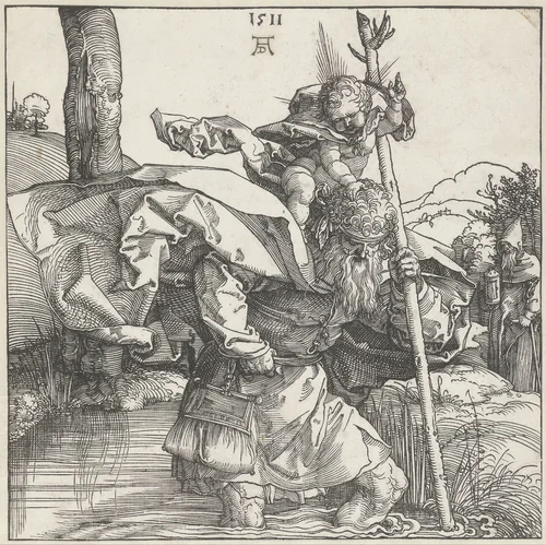 De Heilige Christoffel draagt het Christuskind by Albrecht Dürer, print, 1511