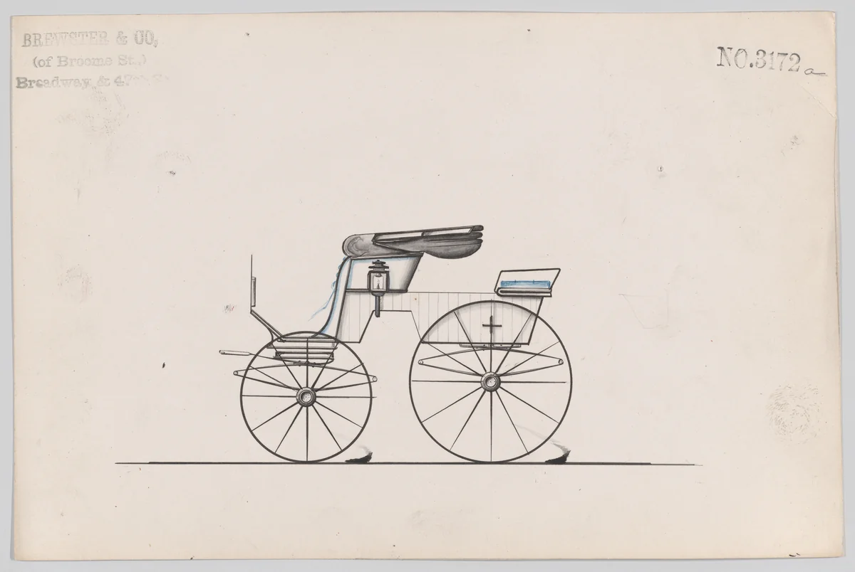 Design for Stanhope Phaeton, no. 3172a by Brewster & Co., drawing, 1875