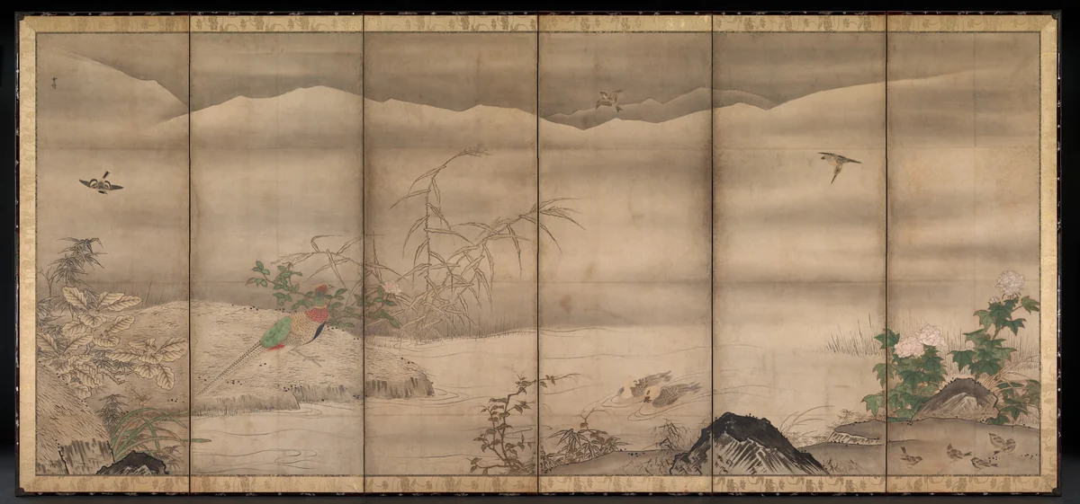 Birds and Flowers in a Landscape of the Four Seasons by Sesshū Tōyō (雪舟等楊), painting, 1550-1599