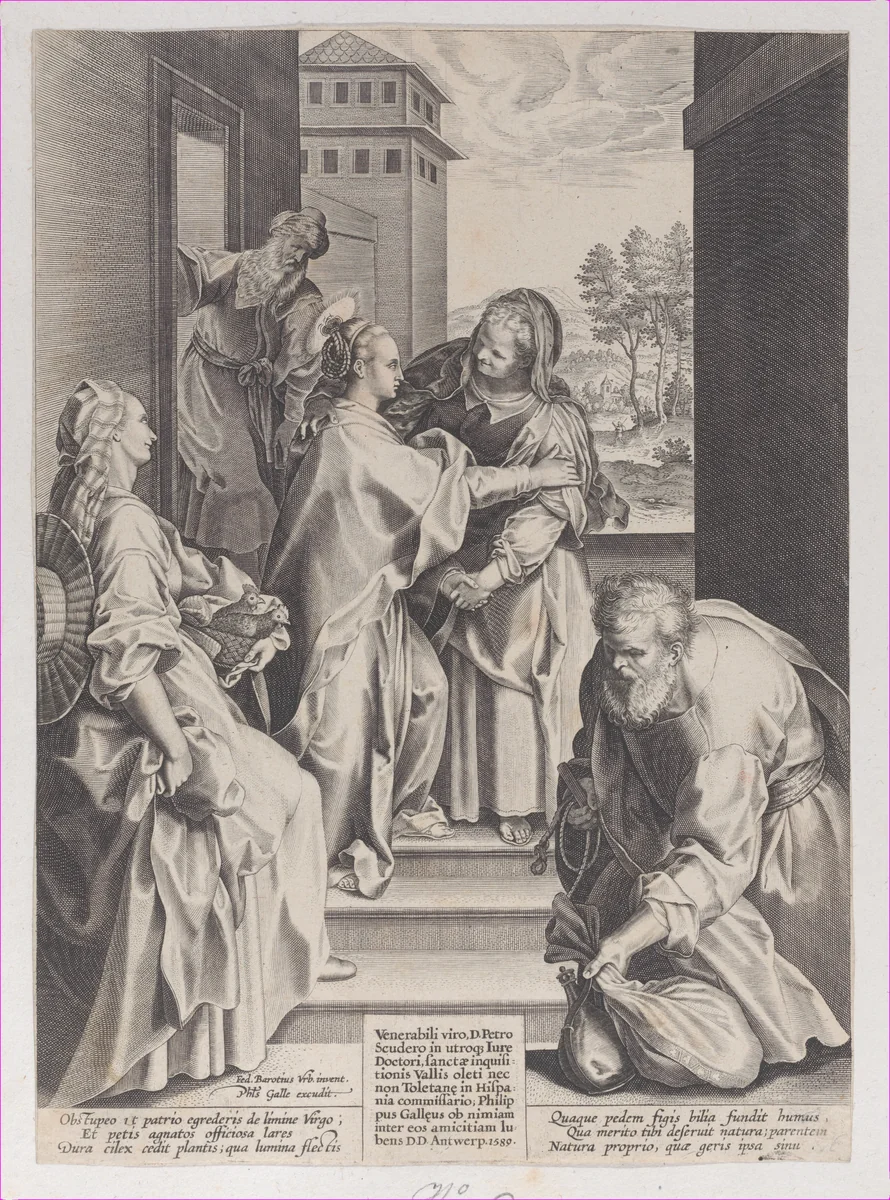 The Visitation, the Virgin and Saint Elizabeth embracing in the center, flanked by other figures, after Barocci by Philips Galle, print, 1589