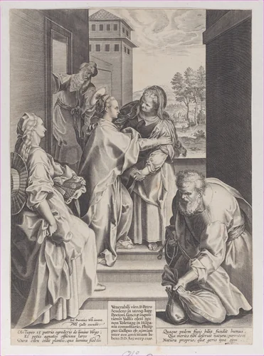 The Visitation, the Virgin and Saint Elizabeth embracing in the center, flanked by other figures, after Barocci by Philips Galle, print, 1589