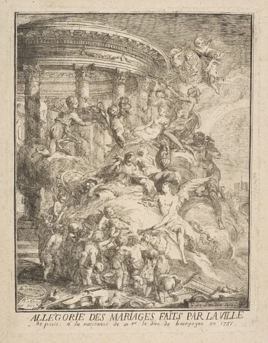 Allegory of the Marriages Performed by the City of Paris in Honor of the Birth of the Duc de Bourgogne in 1751 by Gabriel de Saint-Aubin, print, 1752