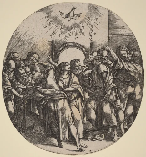 The Descent of the Holy Spirit by Domenico Campagnola, print, 1518