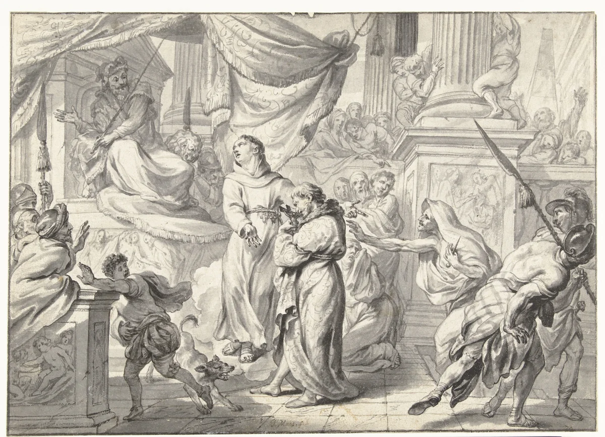 Voorstelling uit het leven van een heilige by Godfried Maes, drawing, 1659-1700