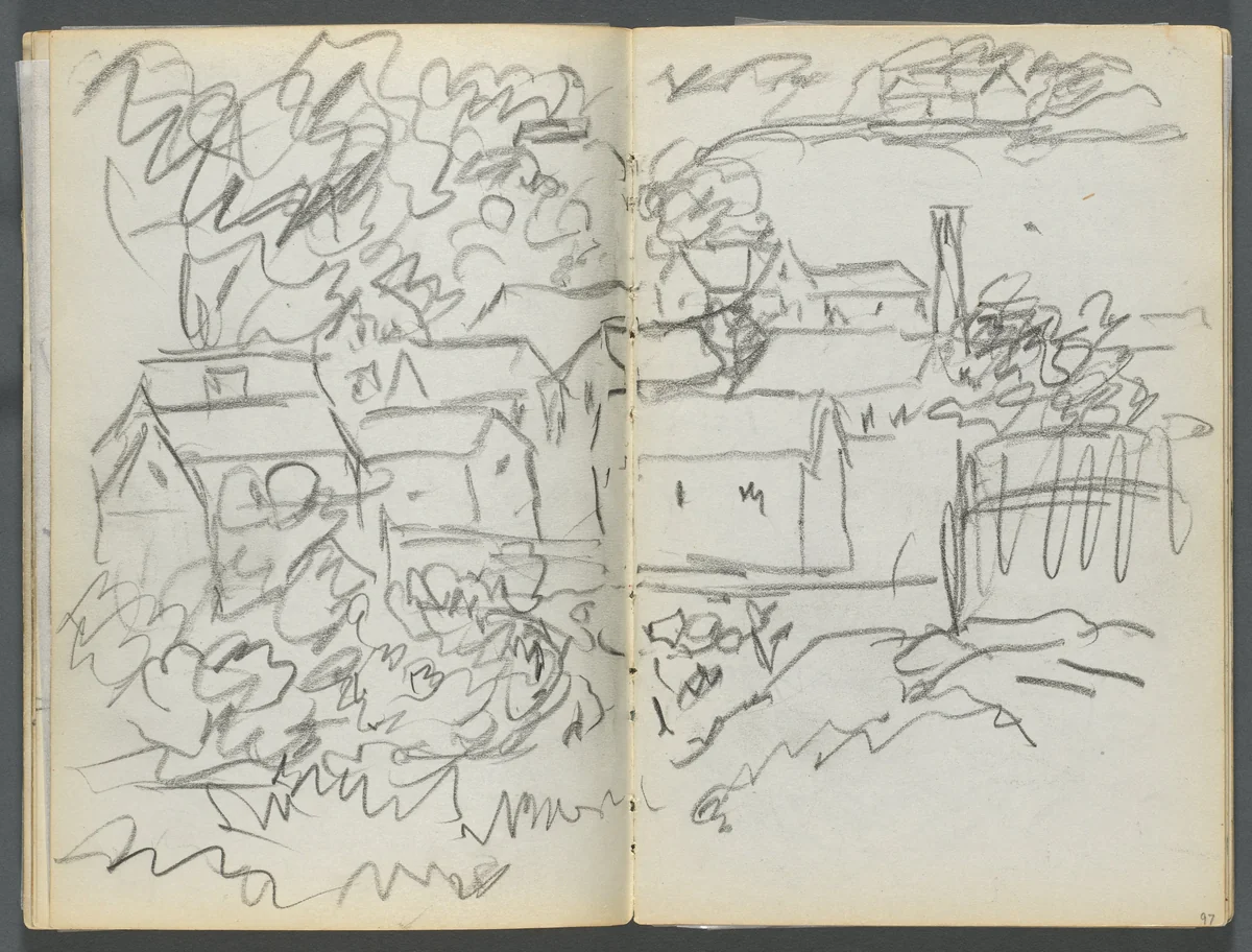 Sketchbook, The Dells, N° 127, page 096 & 97: Landscape with Houses by Maurice Prendergast, book, 1919-1921
