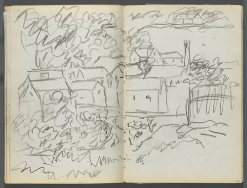 Sketchbook, The Dells, N° 127, page 096 & 97: Landscape with Houses by Maurice Prendergast, book, 1919-1921