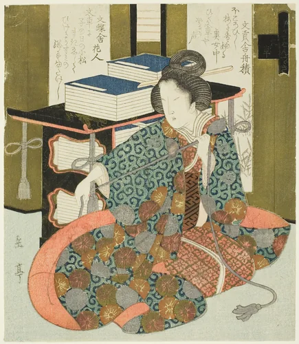 A Woman Pulling the Cord of a Wheeled Book Case, from the series "A Set of Seven for the Katsushika Club" by Yashima Gakutei (八島岳亭), print, 1816-1833