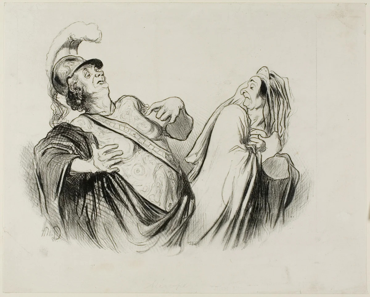 Merope. “A soldier of my stature is quite able to run the state once defended with so much fun,” plate 2 from Physionomies Tragiques (recto); Provost. (dans le Puff - Thtre Français) "Le Puff, est l'art de semer et de faire èclore á son profit la chose qui n'est pas" (verso) by Honoré-Victorin Daumier, print, 1851