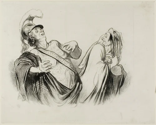Merope. “A soldier of my stature is quite able to run the state once defended with so much fun,” plate 2 from Physionomies Tragiques (recto); Provost. (dans le Puff - Thtre Français) "Le Puff, est l'art de semer et de faire èclore á son profit la chose qui n'est pas" (verso) by Honoré-Victorin Daumier, print, 1851