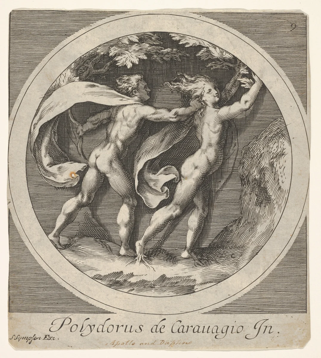 Apollo pursuing Daphne, whose toes take the form of tree roots, a round composition, reverse copy after a series of engravings by Cherubino Alberti of mythological scenes after Polidoro da Caravaggio by anonymous, print, 1550-1600