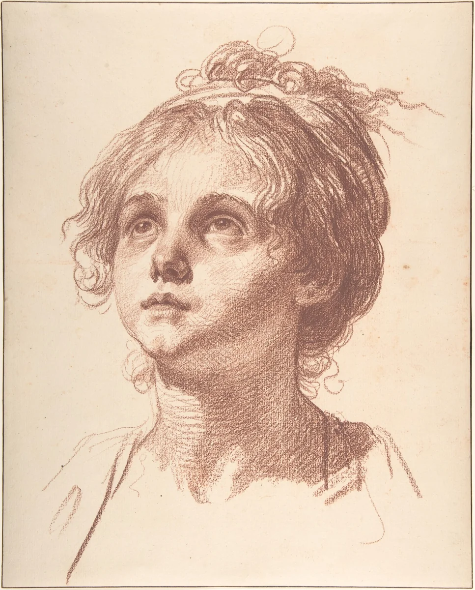Head of a Girl Looking Up by Jean-Baptiste Greuze, drawing, 1740-1805