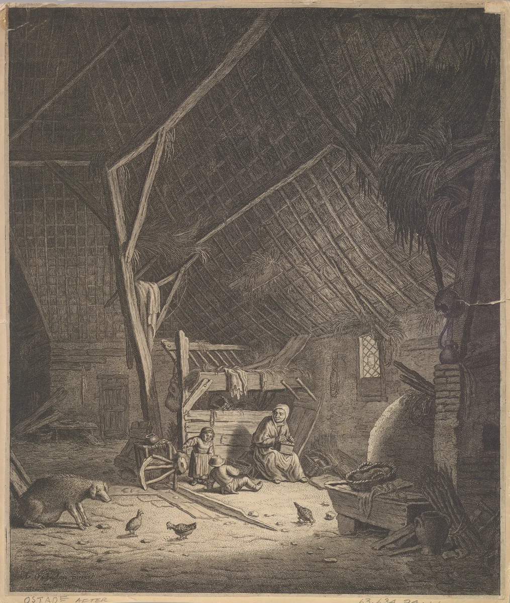 Interior of a Barn with Mother and Two Children, Right in Front a Pig (copy) by Adriaen van Ostade, print, 1635-1673