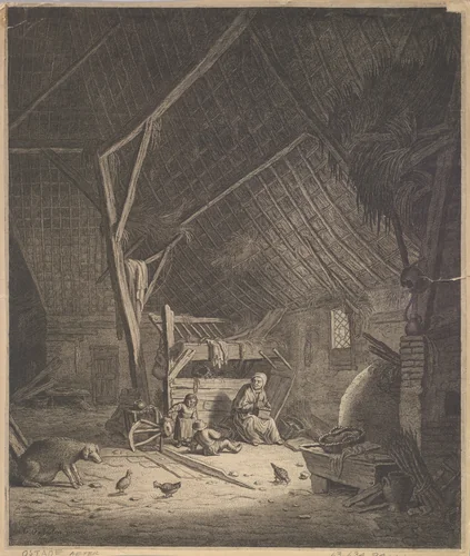 Interior of a Barn with Mother and Two Children, Right in Front a Pig (copy) by Adriaen van Ostade, print, 1635-1673