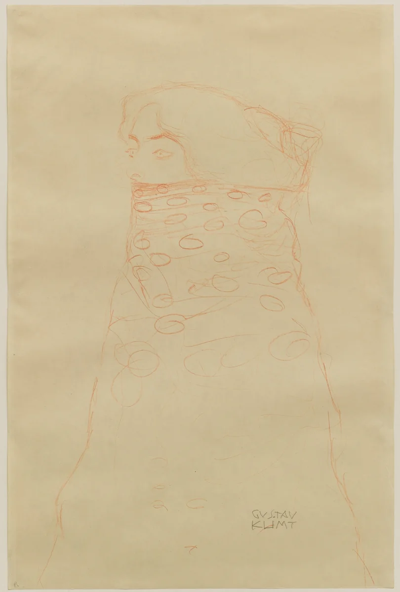 Woman with Scarf (Dame im Dreiviertelprofil nach links, den Mund und einen Teil der Frisur durch Umhang verdeckt) by Gustav Klimt, drawing, 1910
