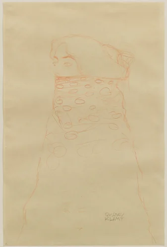 Woman with Scarf (Dame im Dreiviertelprofil nach links, den Mund und einen Teil der Frisur durch Umhang verdeckt) by Gustav Klimt, drawing, 1910