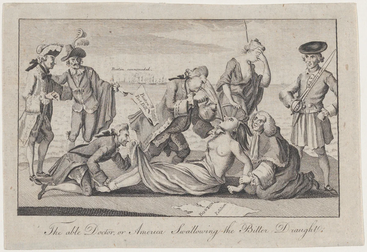 The Able Doctor, or America Swallowing the Bitter Draught, from The London Magazine by anonymous, print, 1774