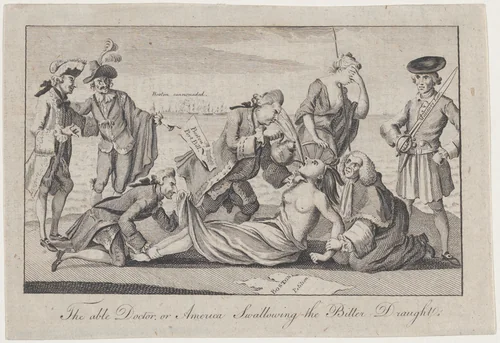 The Able Doctor, or America Swallowing the Bitter Draught, from The London Magazine by anonymous, print, 1774