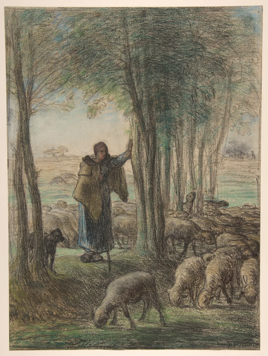 A Shepherdess and Her Flock in the Shade of Trees by Jean-François Millet, drawing, 1854-1855
