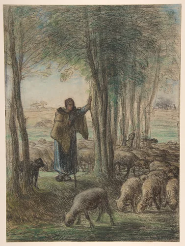 A Shepherdess and Her Flock in the Shade of Trees by Jean-François Millet, drawing, 1854-1855
