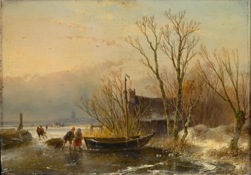 Winter Scene on the Ice with Wood Gatherers by Andreas Schelfhout, painting, 1849