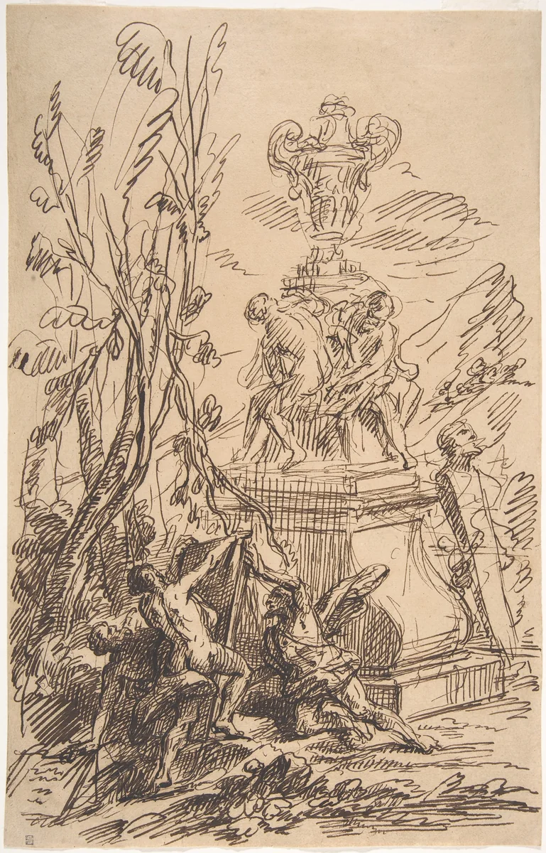 Three Men in a Landscape near Sculptures by Martin Johann Schmidt, drawing, 1728-1801