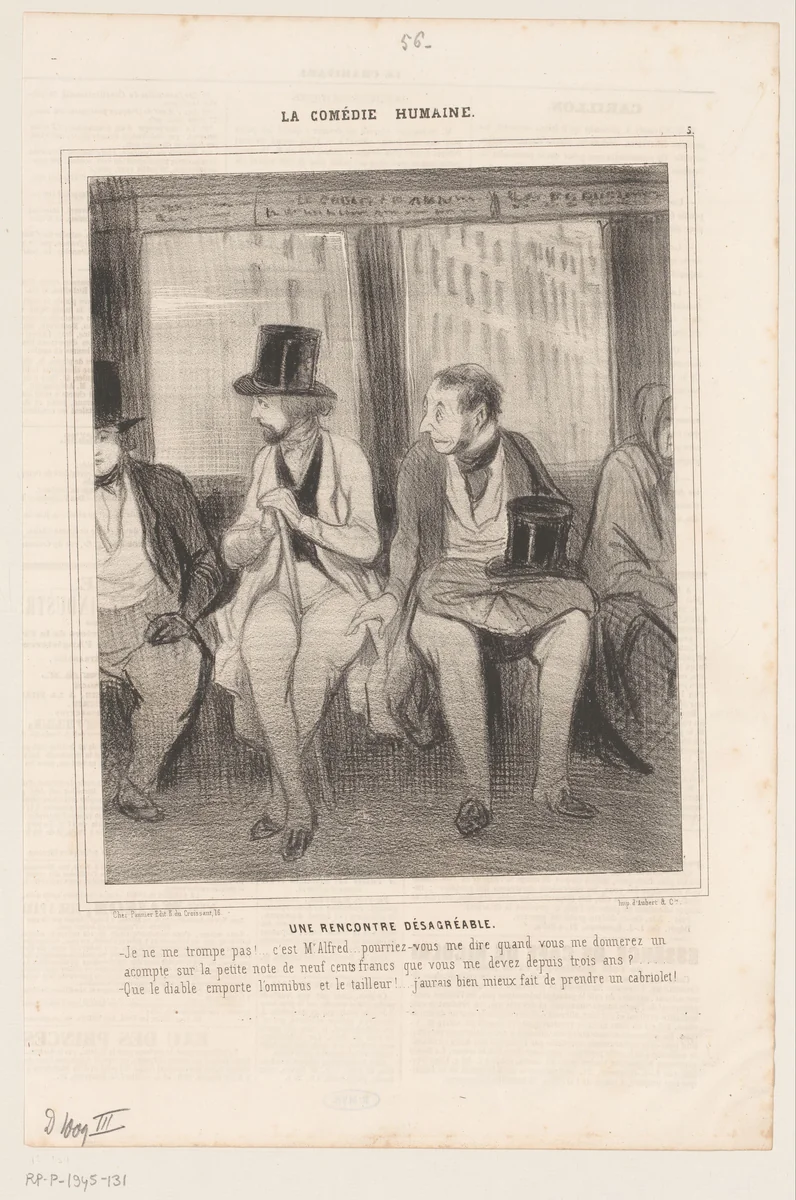 Karikatuur van twee mannen in een omnibus by Honoré Daumier, print, 1843
