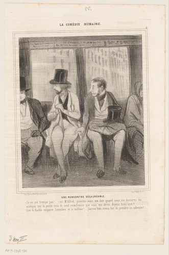 Karikatuur van twee mannen in een omnibus by Honoré Daumier, print, 1843