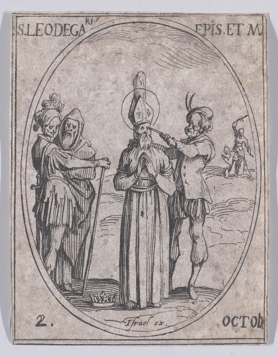 S. Léger, évêque et martyr (St. Leger, Bishop and Martyr), October 2nd, from "Les Images De Tous Les Saincts et Saintes de L'Année" (Images of All of the Saints and Religious Events of the Year) by Jacques Callot, print, 1636