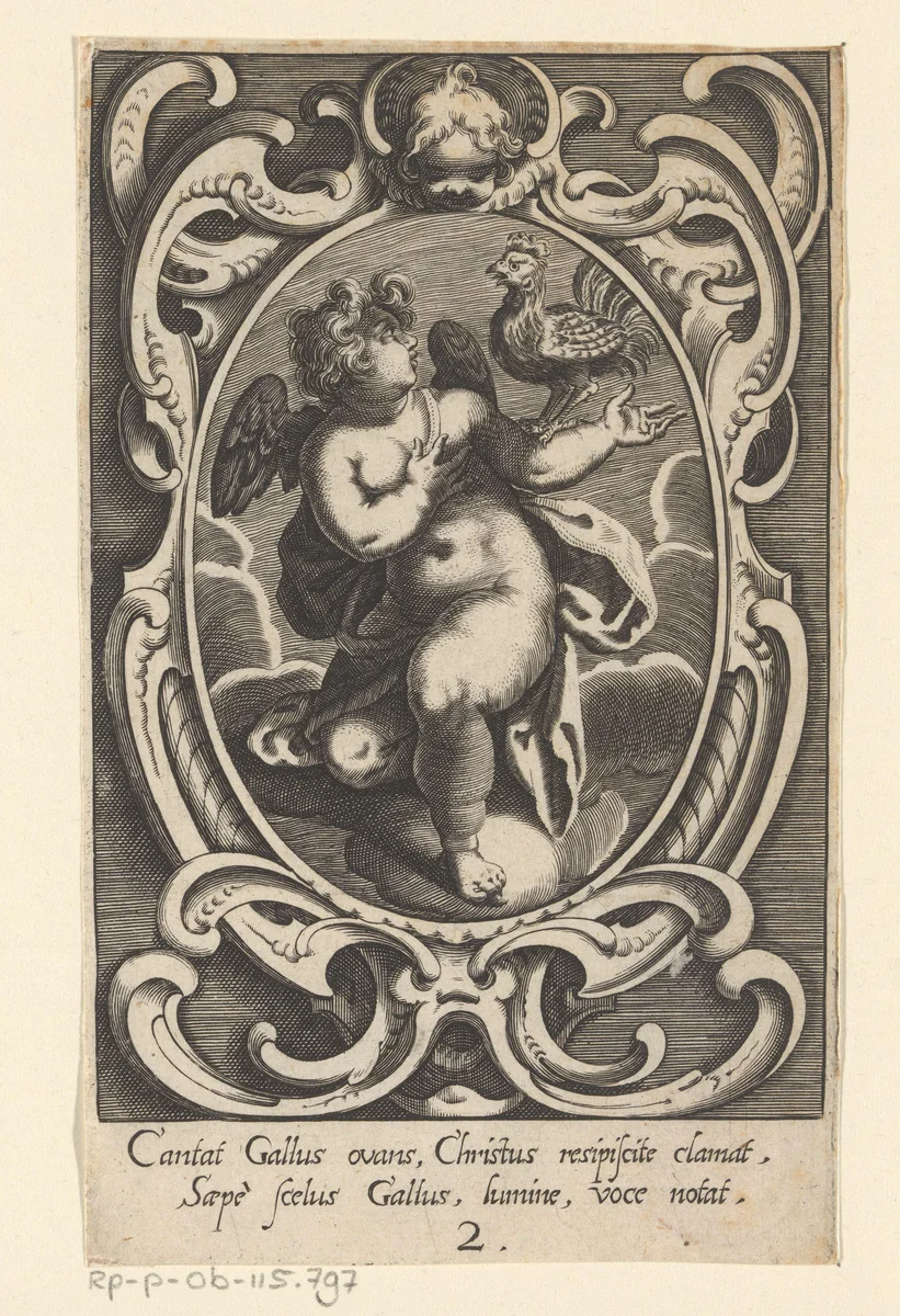 Kraaiende haan gedragen door een engel by Raphael Custos, print, 1620