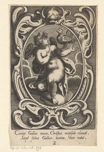 Kraaiende haan gedragen door een engel by Raphael Custos, print, 1620