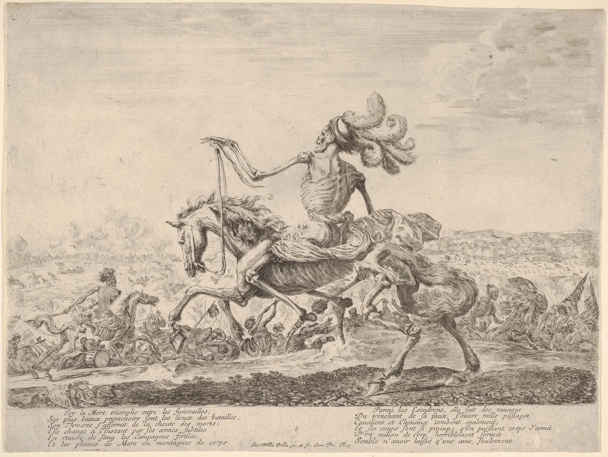 Death on a battlefield, atop a horse riding towards the left, wearing a hat with many feathers, other figures of Death battling to left and right in the background by Stefano della Bella, print, 1641-1651