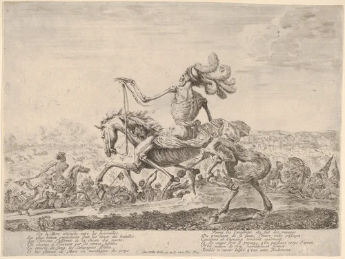 Death on a battlefield, atop a horse riding towards the left, wearing a hat with many feathers, other figures of Death battling to left and right in the background by Stefano della Bella, print, 1641-1651