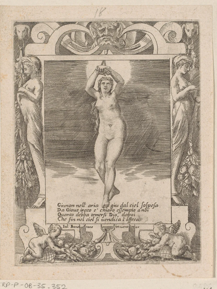 Juno opgehangen in de lucht by Giulio Bonasone, print, 1501-1580
