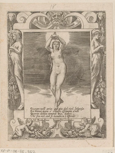 Juno opgehangen in de lucht by Giulio Bonasone, print, 1501-1580