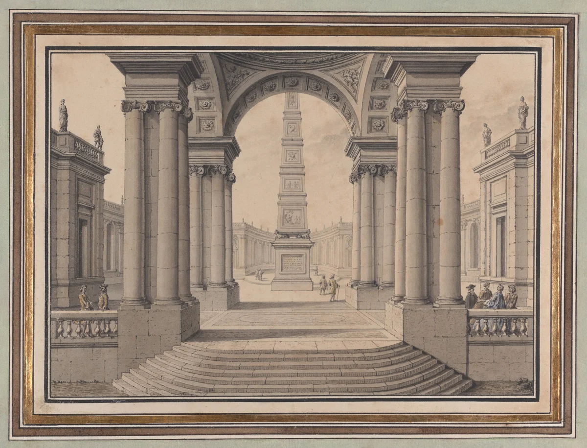 Architectural Capriccio with an Obelisk by Louis Joseph le Lorrain, drawing, 1745-1764