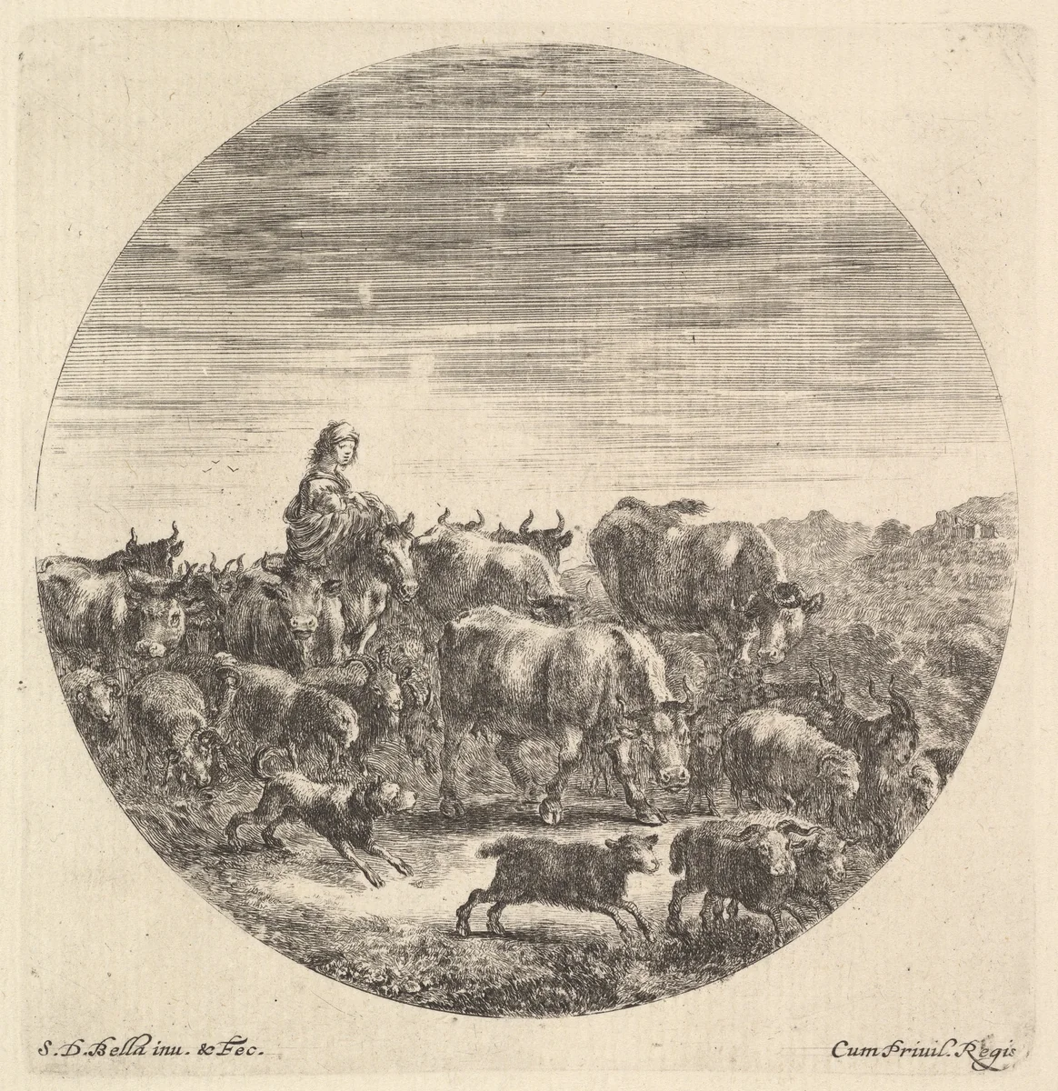 A peasant woman seated on a horse to left, facing right, surrounded by a herd of cows, goats, sheep, and dogs, from "Six Animal Subjects" (Six Sujets d'Animaux) by Stefano della Bella, print, 1643-1648