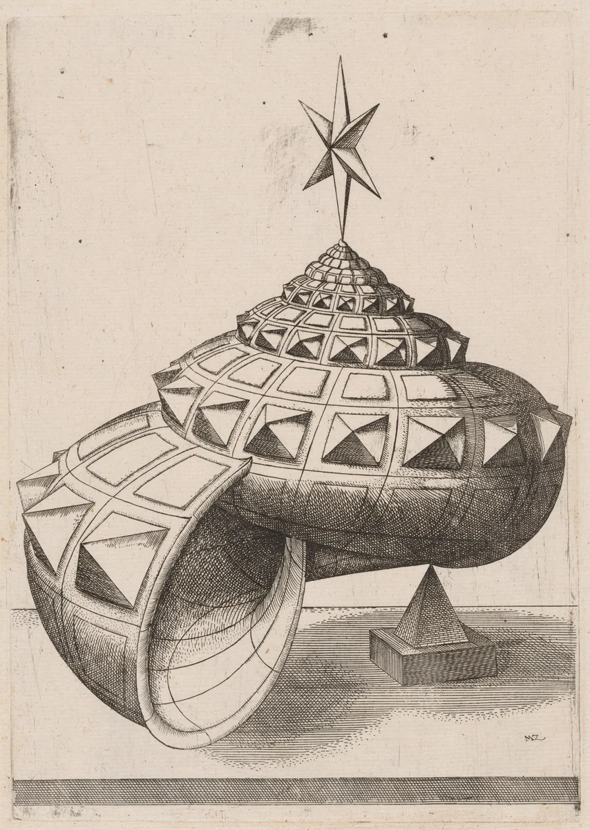 A Perspective of a Faceted Snail Shell Balanced on a Pyramid by Mathis Zündt; Hans Lencker, print, 1567