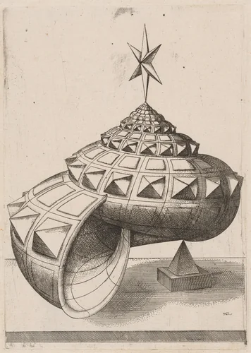 A Perspective of a Faceted Snail Shell Balanced on a Pyramid by Mathis Zündt; Hans Lencker, print, 1567