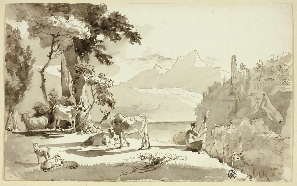 Pastural Landscape with Woman Spinning by Juan Cristobal, drawing, 1584-1594