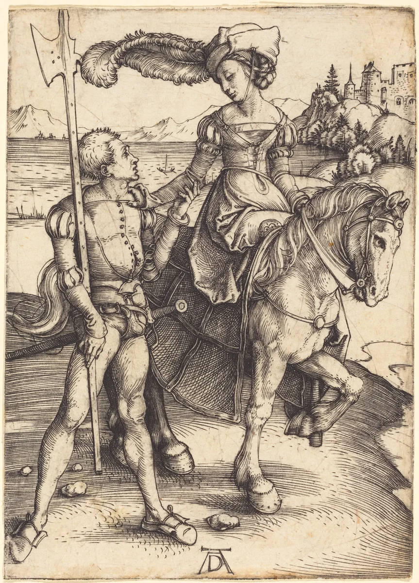 Lady on Horseback and the Lansquenet by Albrecht Dürer, print, 1497