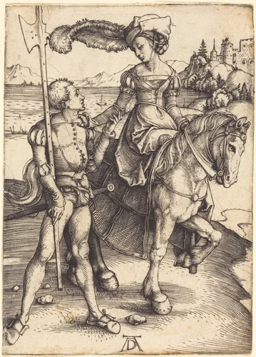 Lady on Horseback and the Lansquenet by Albrecht Dürer, print, 1497