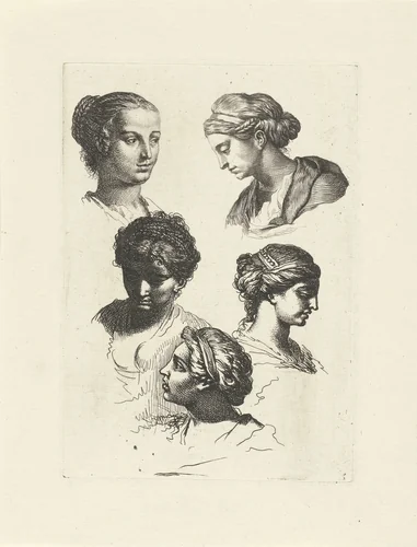 Vijf vrouwelijke studiekoppen by Gerard de Lairesse, print, 1670