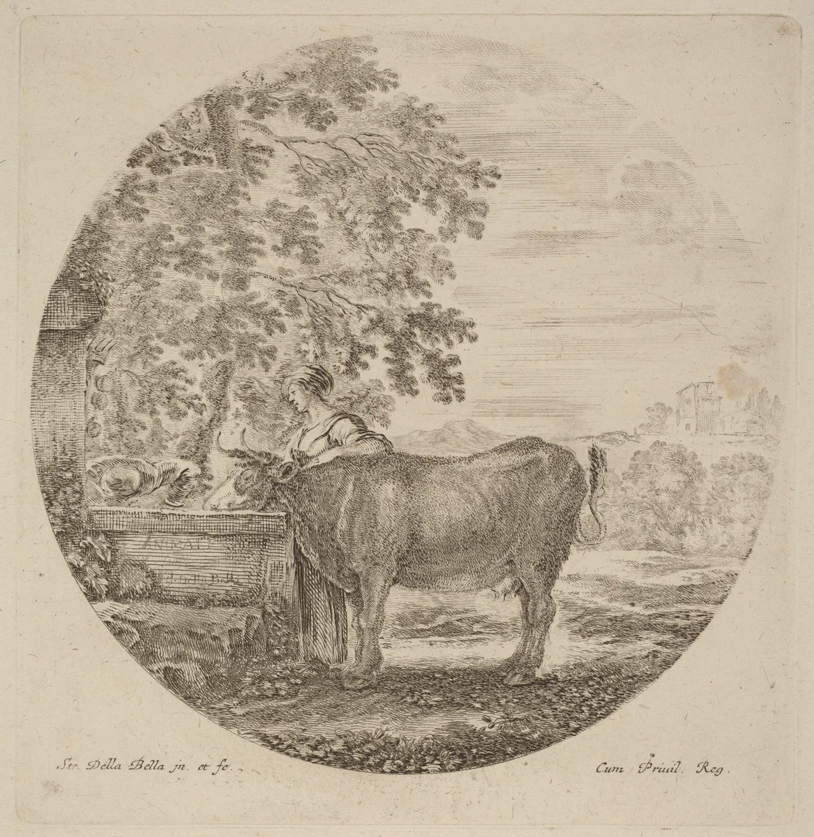 Cow and Young Shepherd at a Fountain by Stefano della Bella, print, 1610-1664